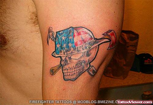 Pirate skull Firefighter Tattoo On Bicep