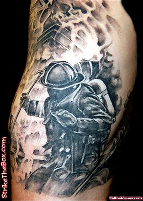 Grey Ink Firefighter Tattoo On Side Rib