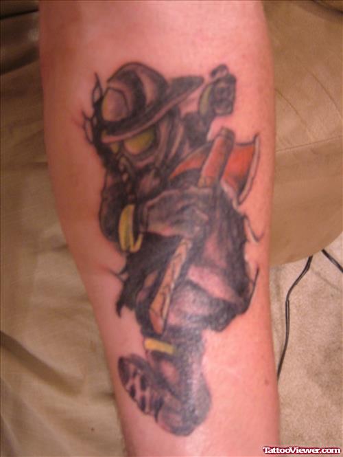 Grey Ink Firefighter Tattoo On Left Arm
