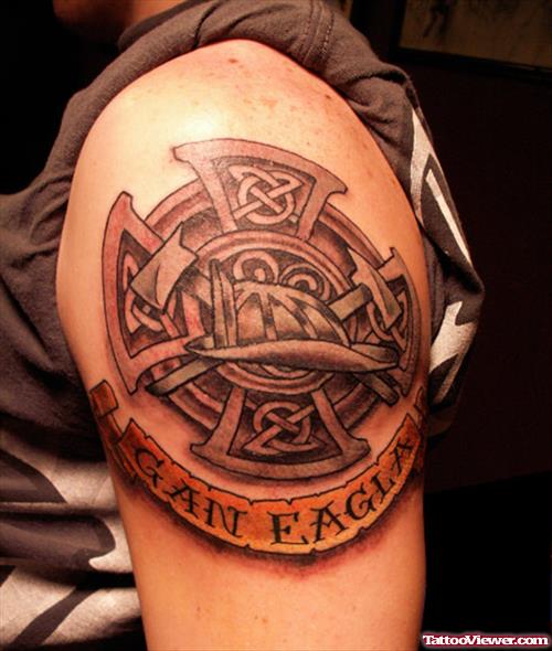 Grey Ink Celtic Cross Firefighter Tattoo On Left Shoulder
