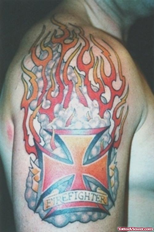 Flaming Firehighter Tattoo On Right Half Sleeve