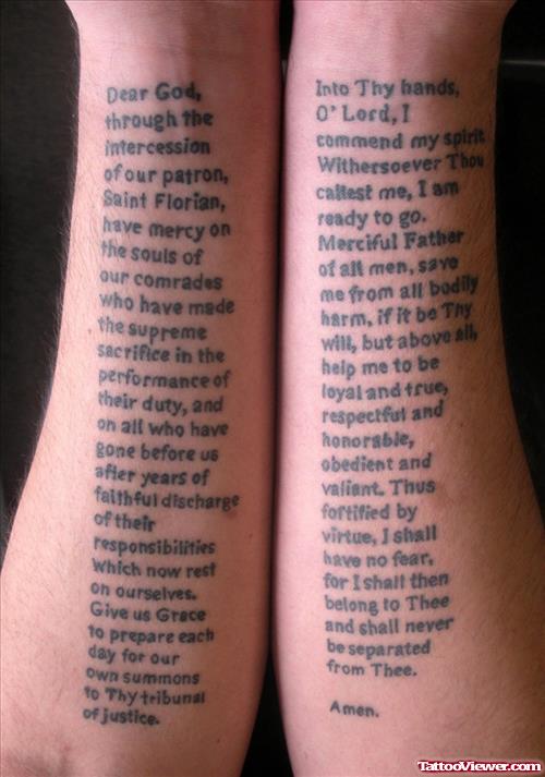 Firefighter Prayer Tattoo On Both Arms