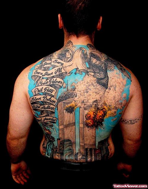 Colored Firefighter Tattoo On Full Back