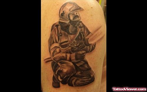 Best Grey Ink Firehighter Tattoo On Right Shoulder
