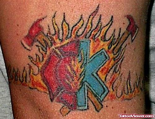 Amazing Flaming Firefighter Tattoo On Bicep