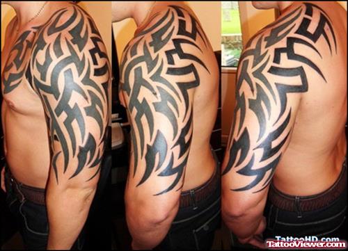 Tribal Firefighter Tattoo On Left Half Sleeve