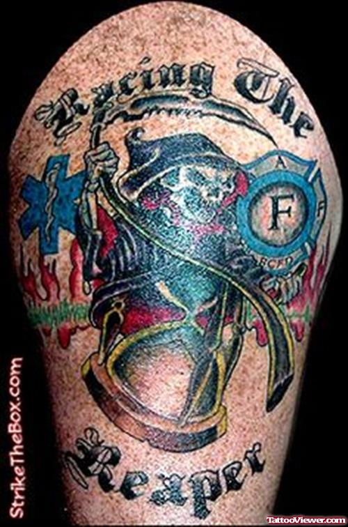 Inspiring Colored Firefighter Tattoo On Half Sleeve