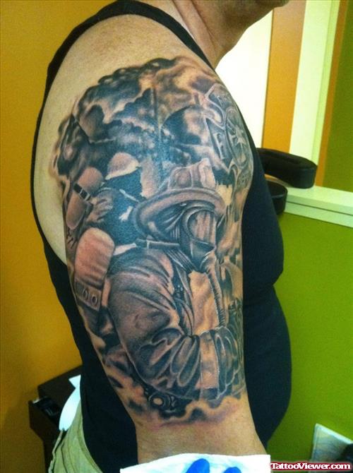 Grey Ink Firehighter Tattoo On Half Sleeve