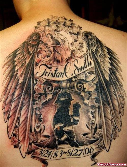 Grey Ink Firefighter Tattoo On Man Upperback