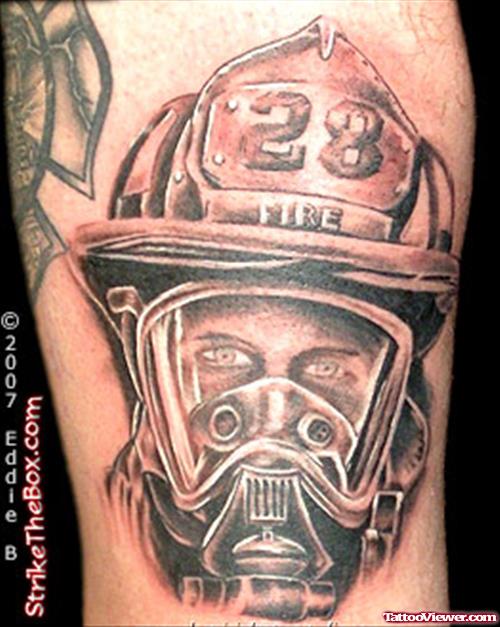 Grey Ink Firefighter Head Tattoo