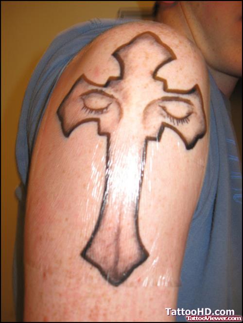Grey Ink Cross Firefighter Tattoo On Half Sleeve