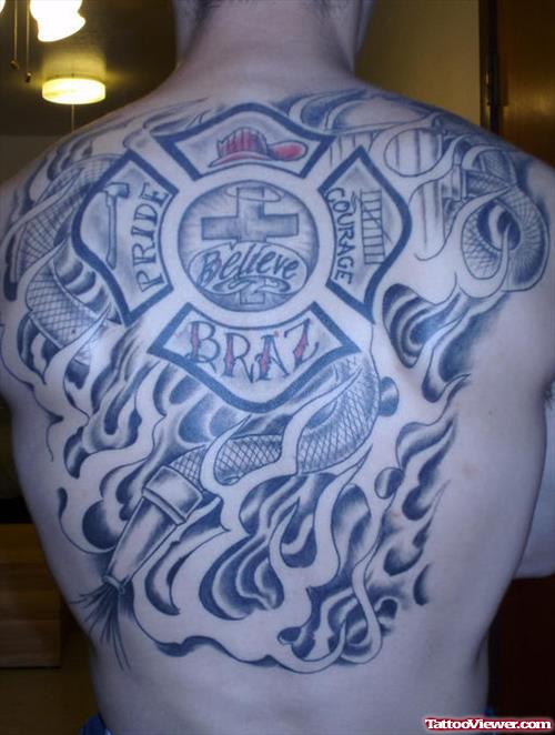 Fine Firefighter Tattoo On Full Back
