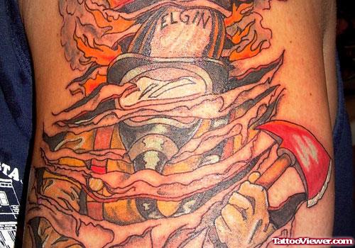 Colored Fireman Ripped Skin Tattoo