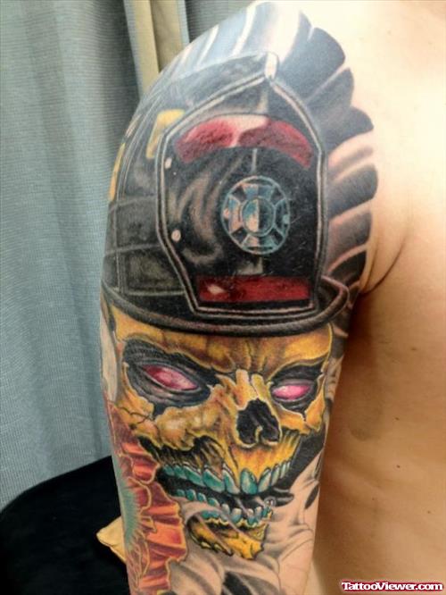 Fantastic Colored Firefighter Tattoo On Half Sleeve