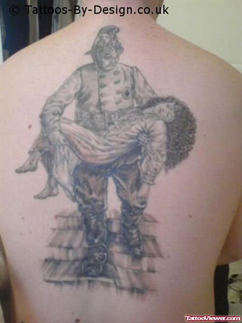 Best Grey Ink Firefighter Tattoo On Back