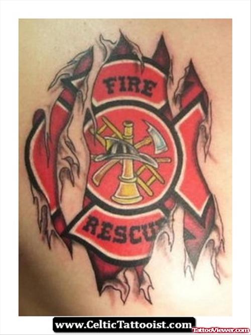 Red Ink Ripped Skin Firehighter Tattoo