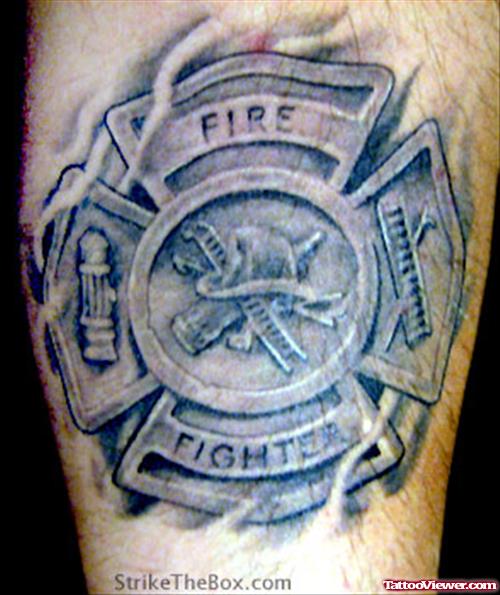 Grey Ink Firefighter Symbol Tattoo