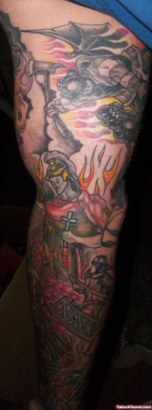 Firehighter Tattoo On Leg Sleeve