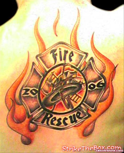 Flaming Firefighter Tattoo On Back