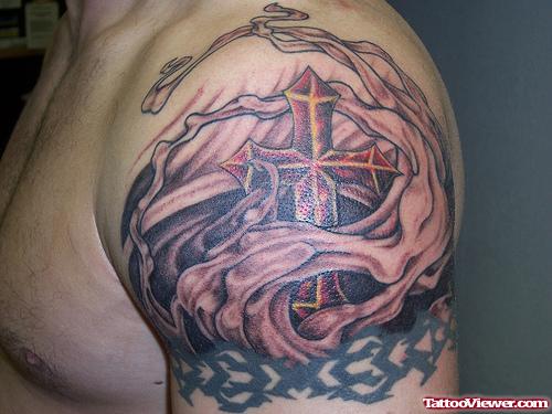 Firefighter And Cross Tattoo On Shoulder
