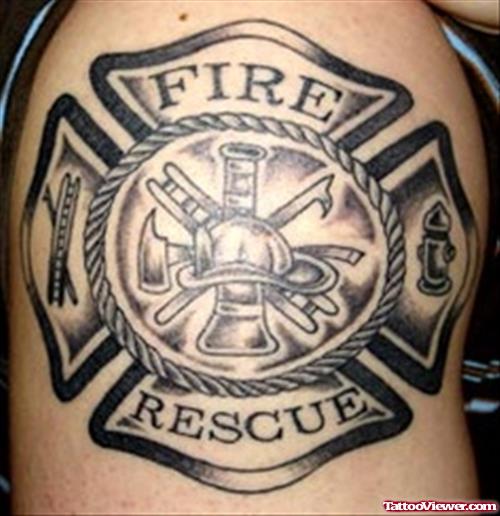Cute Grey Ink Firefighter Tattoo On Right Shoulder
