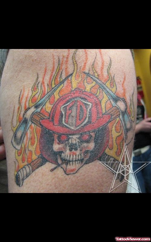 Crazy Flaming Firefighter Tattoo On Shoulder