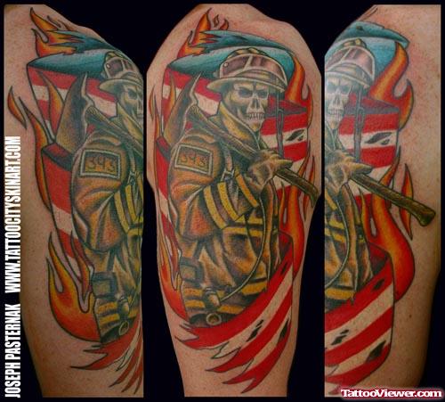 Colored Firefighter Tattoo On Half Sleeve