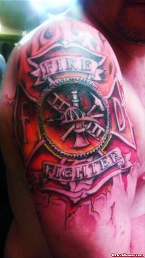 Attractive Right Shoulder Firefighter Tattoo