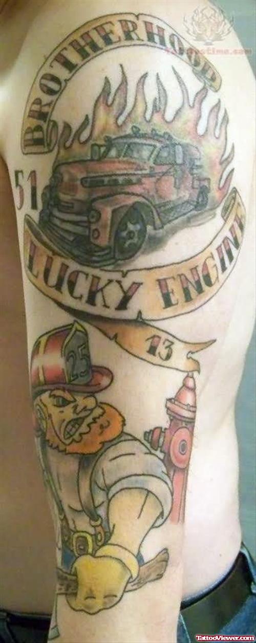 Flaming Car With Brotherhood Lucky Engine Banner And Firefighter Colored Tattoo