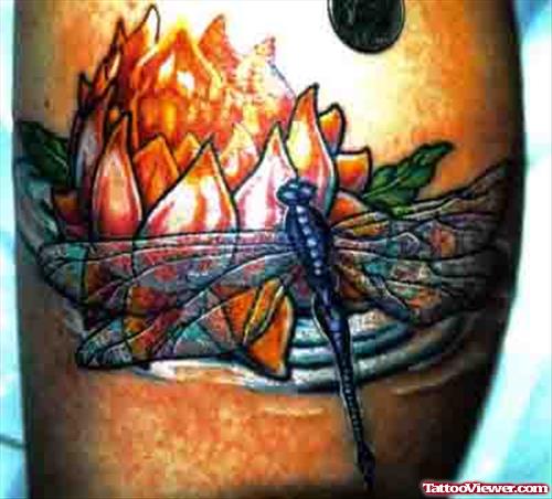 Flaming Flower And Dragonfly Tattoo