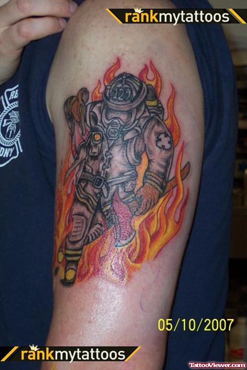 Fire Fighter Tattoo For Bicep