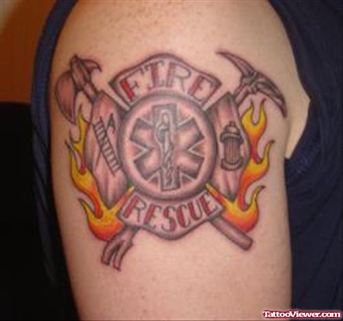 Fire Rescue Tattoo On Shoulder
