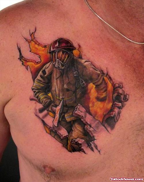 Fire Fighter Tattoo On Chest