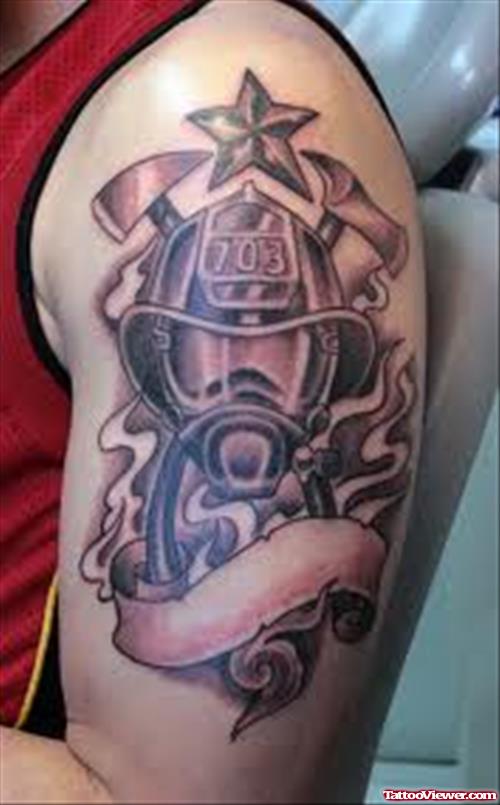 Fire Fighter Star Tattoo On Shoulder