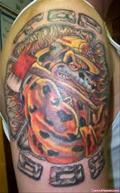 Fire Fighter Fire Tattoo On Shoulder