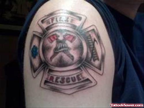 Fir Rescue Logo Tattoo On Shoulder