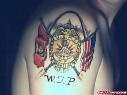 W J P Fire Fighter Tattoo On Shoulder