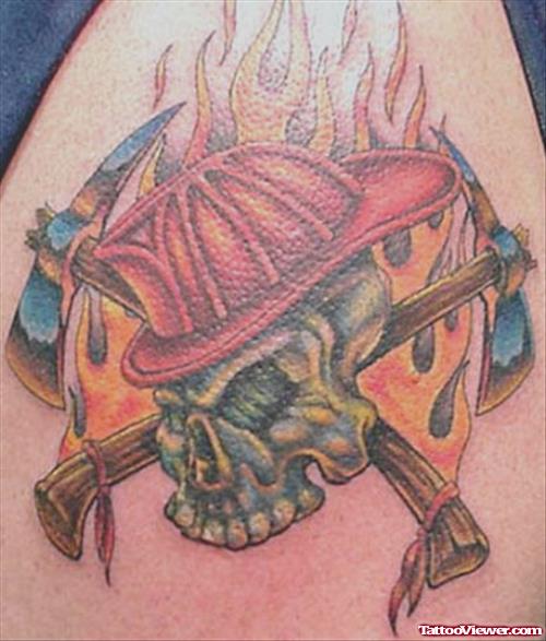 Skull Fire Fighter Tattoo On Shoulder
