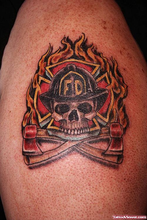 Fire Fighter Skull Tattoo On Shoulder