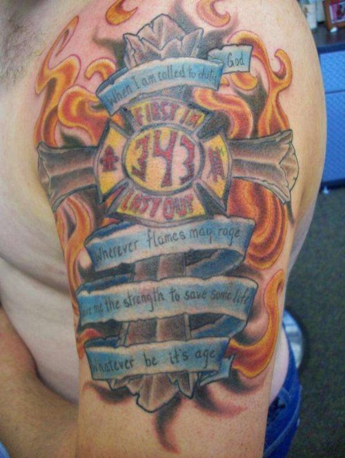 Flaming Cross With Banner Firefighter Tattoo On Half Sleeve