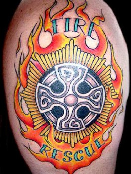 Flaming Fire Rescue Tattoo On Shoulder
