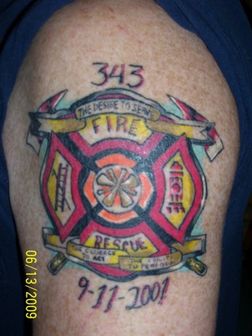 Colourful Fire Recue Tattoo On Shoulder