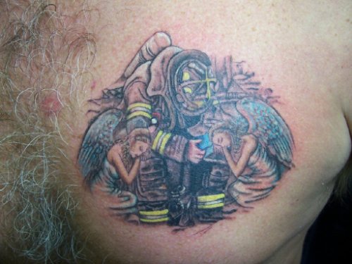Good Firefighter Tattoo On Man Chest