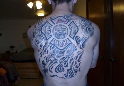 Back Body Firefighter Tattoo For Men