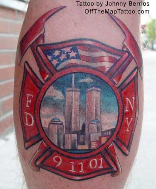 Red Ink Firefighter Tattoo On Back Leg