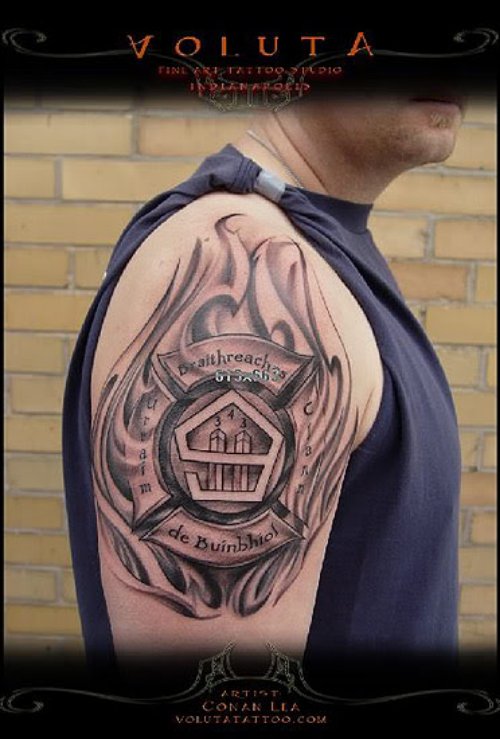 Awesome Grey Ink Firefighter Tattoo