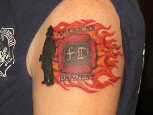 Maltese Cross Firefighter Tattoo On Shoulder