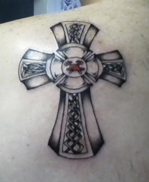 Grey Ink Cross Tattoo On Back Shoulder