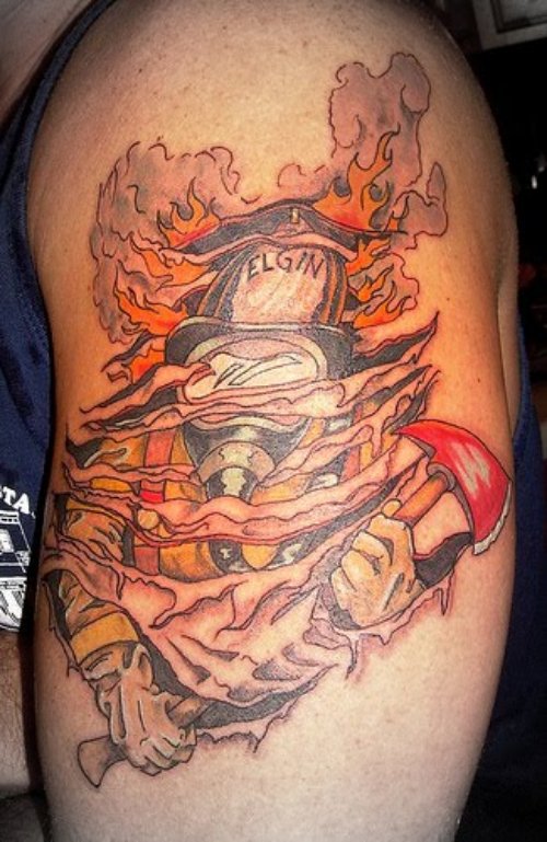 Fire Fighter In Fire Tattoo