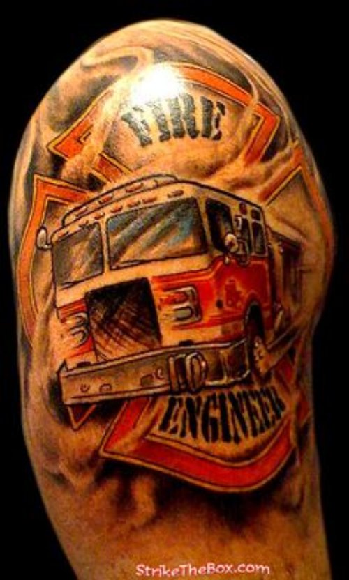 Amazing Colored Firefighter Tattoo On Shoulder